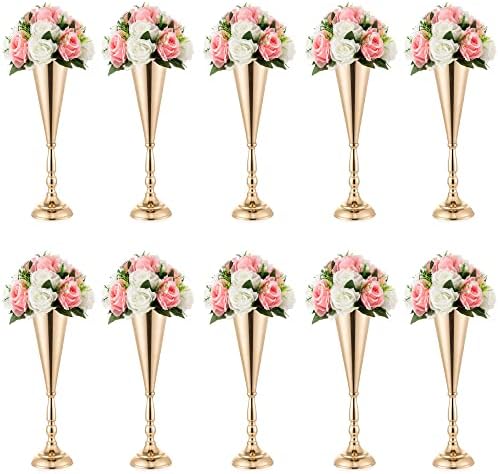 Vase Sets for Wedding Table: 14in Gold Trumpet Shaped, 10 Packs in Gold