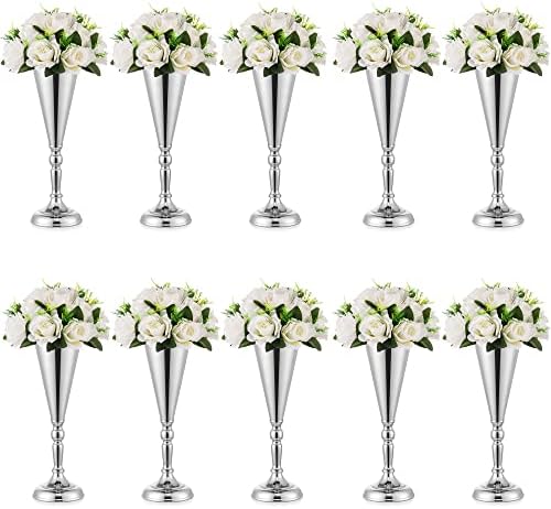 Vase Sets for Wedding Table: 14in Silver Trumpet Shaped, 10 Pcs in Silver