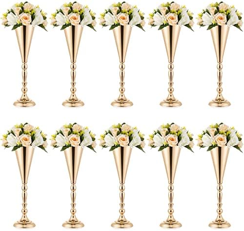 Vase Sets for Wedding Table: 16.5in Gold Trumpet Shaped, 10Pcs in Gold