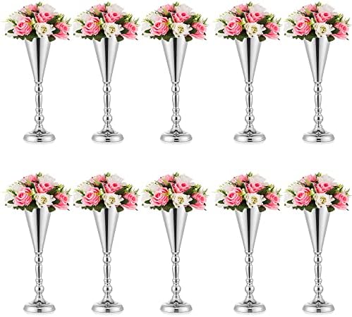 Vase Sets for Wedding Table: 16.5in Silver Trumpet Shaped, 10Pcs in Silver
