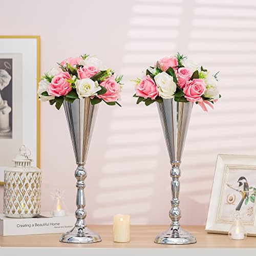 Vase Sets for Wedding Table: 16.5in Silver Trumpet Shaped, 10Pcs in Silver, alternate view 6