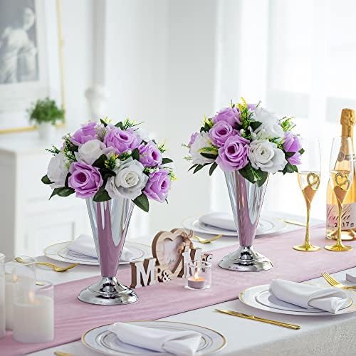 Vase Sets for Wedding Table: 9.8in Silver Trumpet Shaped, 10 Pcs in Silver, alternate view 2