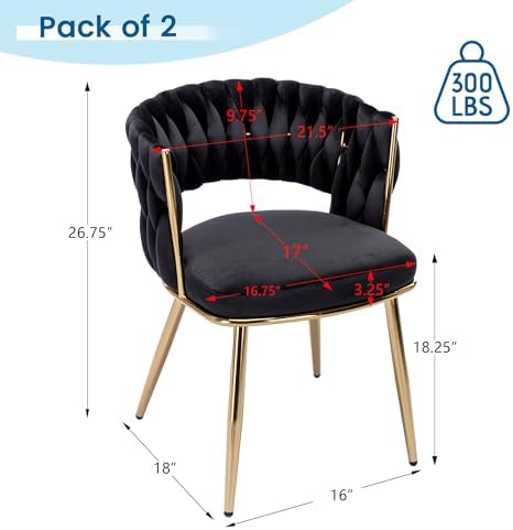 Velvet Dining Chairs Set of 4, Woven Chairs with Metal Legs, Black in Black, alternate view 3