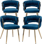 Velvet Dining Chairs Set of 4, Woven Chairs with Metal Legs, Blue in Blue