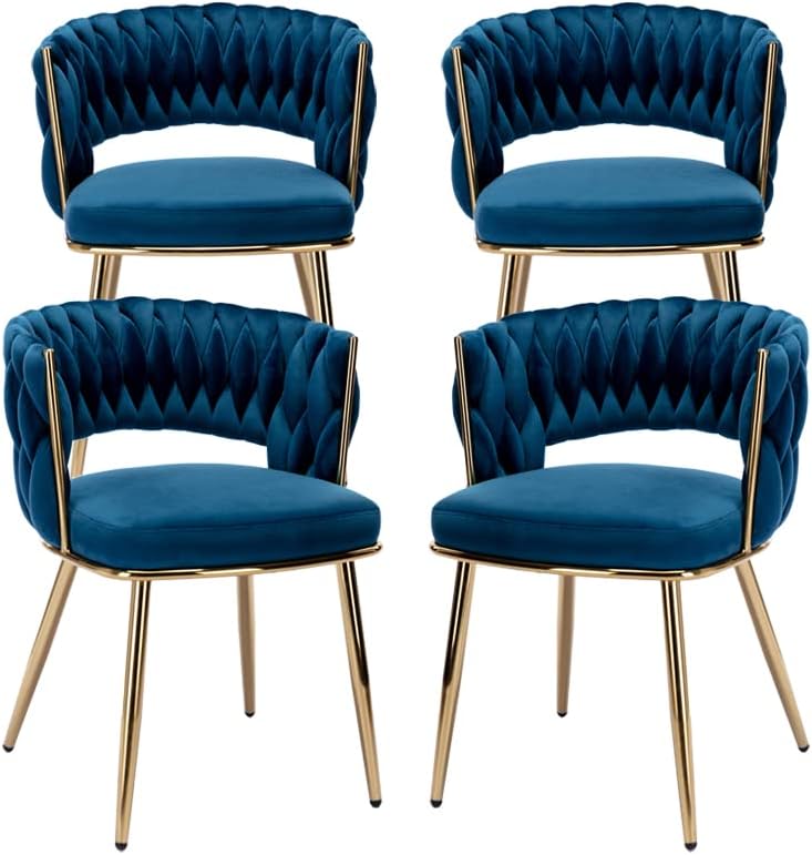 Velvet Dining Chairs Set of 4, Woven Chairs with Metal Legs, Blue in Blue