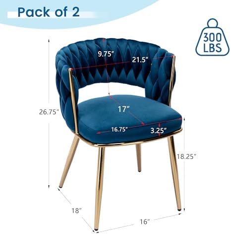 Velvet Dining Chairs Set of 4, Woven Chairs with Metal Legs, Blue in Blue, alternate view 3