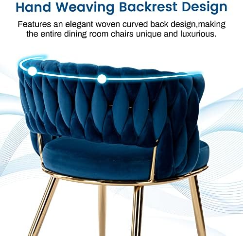 Velvet Dining Chairs Set of 4, Woven Chairs with Metal Legs, Blue in Blue, alternate view 5