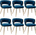 Velvet Dining Chairs Set of 6, Woven Chairs with Metal Legs, Blue in Blue