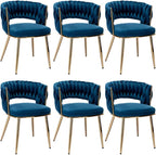 Velvet Dining Chairs Set of 6, Woven Chairs with Metal Legs, Blue in Blue