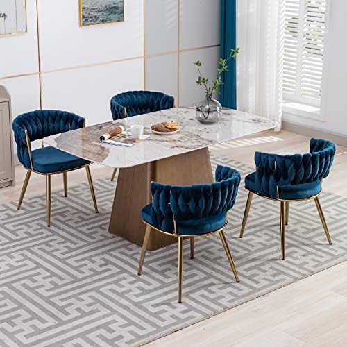 Velvet Dining Chairs Set of 6, Woven Chairs with Metal Legs, Blue in Blue, alternate view 2