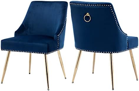 Velvet Dining Room Chairs Set of 2 Nailhead Back with Gold Legs, Blue in Blue