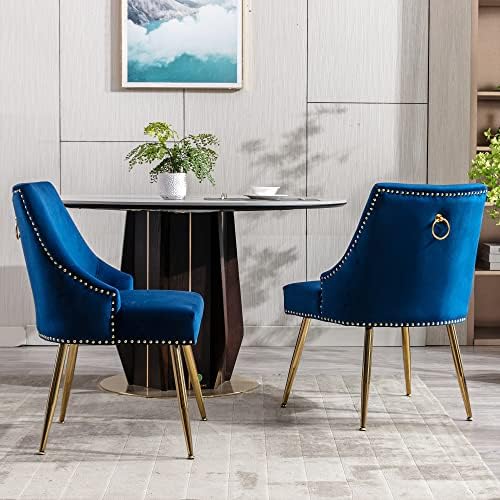 Velvet Dining Room Chairs Set of 2 Nailhead Back with Gold Legs, Blue in Blue, alternate view 2