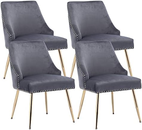 Velvet Dining Room Chairs Set of 4 Nailhead Back with Gold Legs, Gray in Gray