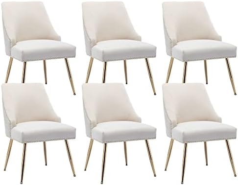 Velvet Dining Room Chairs Set of 6 Nailhead Back with Gold Legs, Beige in Beige
