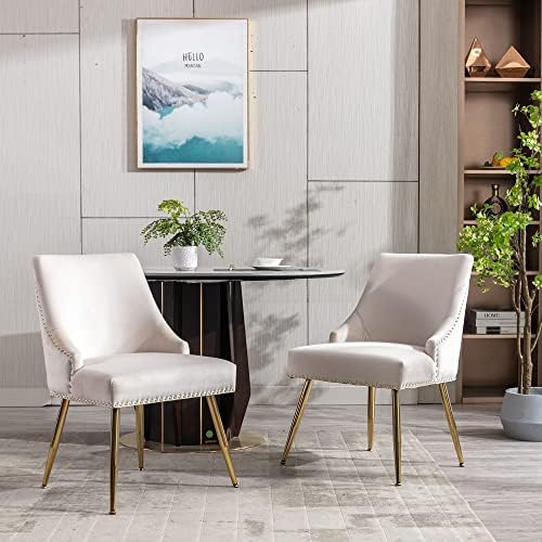 Velvet Dining Room Chairs Set of 6 Nailhead Back with Gold Legs, Beige in Beige, alternate view 2