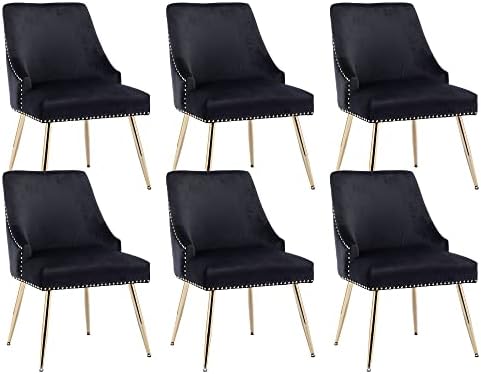 Velvet Dining Room Chairs Set of 6 Nailhead Back with Gold Legs, Black in Black