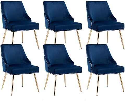 Velvet Dining Room Chairs Set of 6 Nailhead Back with Gold Legs, Blue in Blue