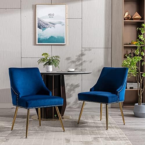 Velvet Dining Room Chairs Set of 6 Nailhead Back with Gold Legs, Blue in Blue, alternate view 2