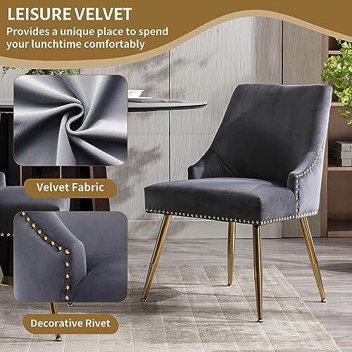 Velvet Dining Room Chairs Set of 6 Nailhead Back with Gold Legs, Gray in Gray, alternate view 4