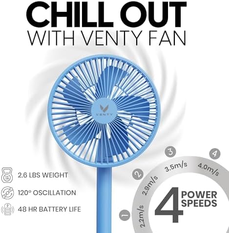 VENTY Portable Fan - Wireless Battery Operated Fan - 4 Speeds - LED Lighting - Carry Case & Remote Control, alternate view 2