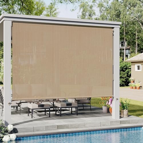 VICLLAX Outdoor Roller Shade with Spliced Design, Patio Cordless Roller Blinds, 7' W×8' L Exterior Roll Up Shade