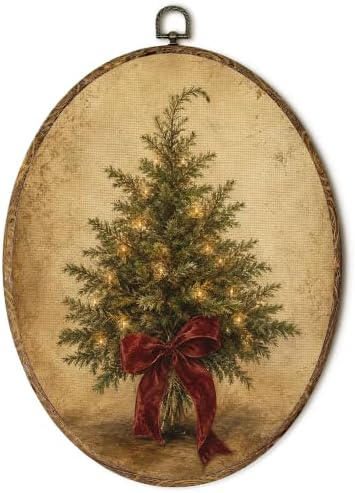 Vintage Antique Christmas Tree Farmhouse Oval Wall Art 8.5x11.5in