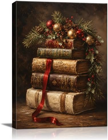 Vintage Book Christmas Wall Art, Red Ribbon Pine Berries Canvas Prints