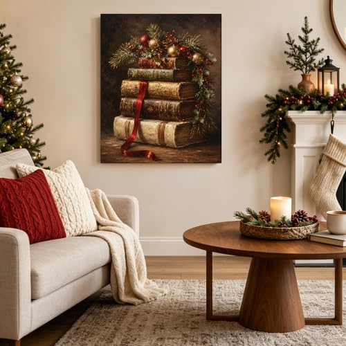 Vintage Book Christmas Wall Art, Red Ribbon Pine Berries Canvas Prints, alternate view 3