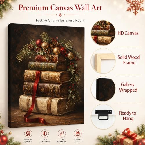 Vintage Book Christmas Wall Art, Red Ribbon Pine Berries Canvas Prints, alternate view 5