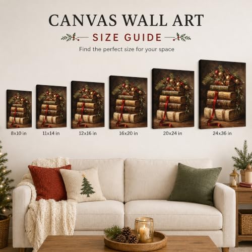 Vintage Book Christmas Wall Art, Red Ribbon Pine Berries Canvas Prints, alternate view 6
