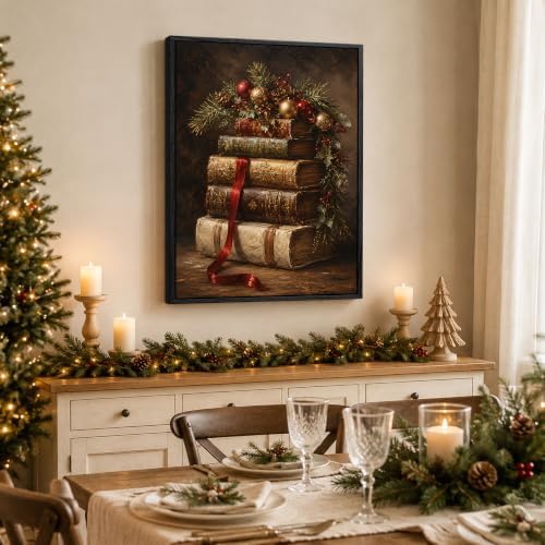 Vintage Book Framed Christmas Wall Art, Ribbon Pine Berries Canvas Pictures, alternate view 4