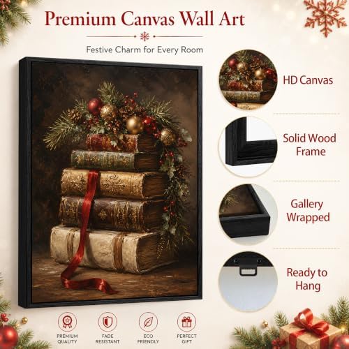 Vintage Book Framed Christmas Wall Art, Ribbon Pine Berries Canvas Pictures, alternate view 5