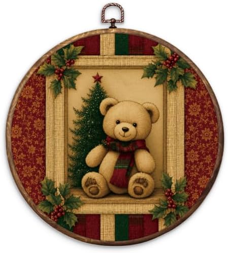 Vintage Christmas Bear Round Framed Wall Art 10"x10"
