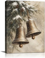 Vintage Christmas Bells Canvas Wall Art, Snowy Christmas Tree Canvas Prints