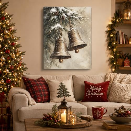 Vintage Christmas Bells Canvas Wall Art, Snowy Christmas Tree Canvas Prints, alternate view 2