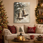 Vintage Christmas Bells Canvas Wall Art, Snowy Christmas Tree Canvas Prints, alternate view 2