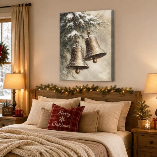 Vintage Christmas Bells Canvas Wall Art, Snowy Christmas Tree Canvas Prints, alternate view 3