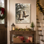 Vintage Christmas Bells Canvas Wall Art, Snowy Christmas Tree Canvas Prints, alternate view 4