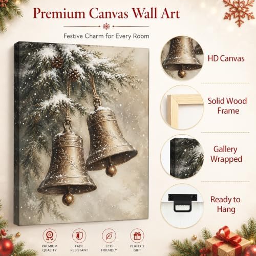 Vintage Christmas Bells Canvas Wall Art, Snowy Christmas Tree Canvas Prints, alternate view 5