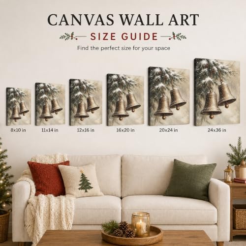 Vintage Christmas Bells Canvas Wall Art, Snowy Christmas Tree Canvas Prints, alternate view 6
