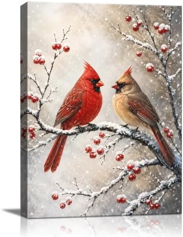 Vintage Christmas Canvas Wall Art, Cardinal Birds Canvas Prints