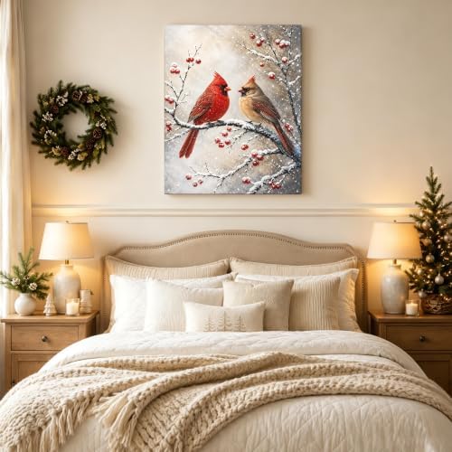 Vintage Christmas Canvas Wall Art, Cardinal Birds Canvas Prints, alternate view 3