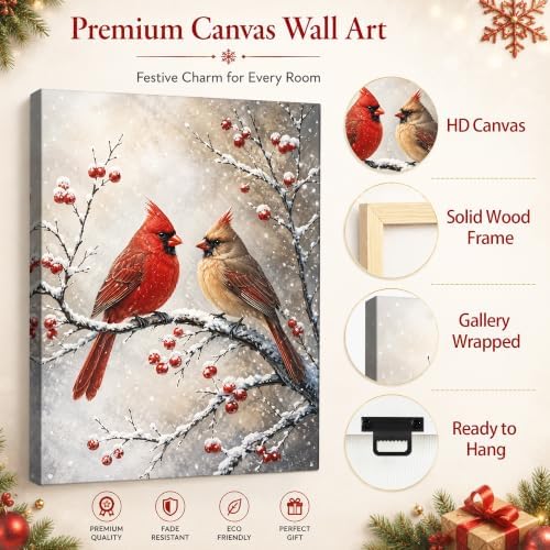 Vintage Christmas Canvas Wall Art, Cardinal Birds Canvas Prints, alternate view 5