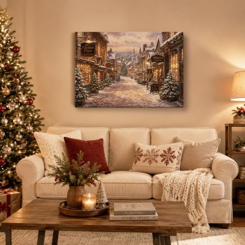 Vintage Christmas Canvas Wall Art, Rustic Winter Town Canvas Prints, alternate view 2