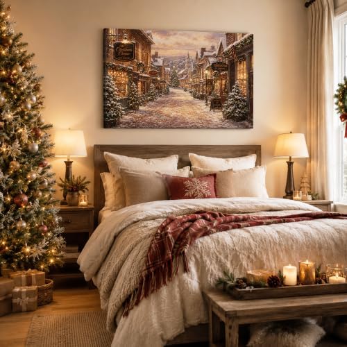 Vintage Christmas Canvas Wall Art, Rustic Winter Town Canvas Prints, alternate view 3