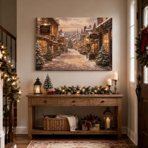 Vintage Christmas Canvas Wall Art, Rustic Winter Town Canvas Prints, alternate view 4