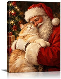 Vintage Christmas Canvas Wall Art, Santa and Cat Canvas Prints