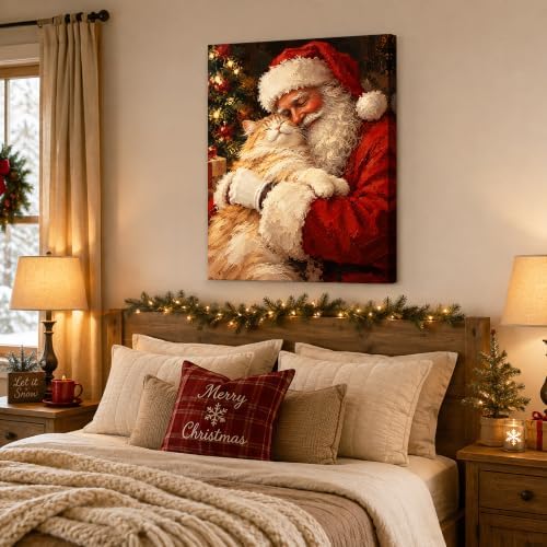 Vintage Christmas Canvas Wall Art, Santa and Cat Canvas Prints, alternate view 3