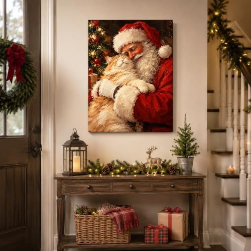 Vintage Christmas Canvas Wall Art, Santa and Cat Canvas Prints, alternate view 4