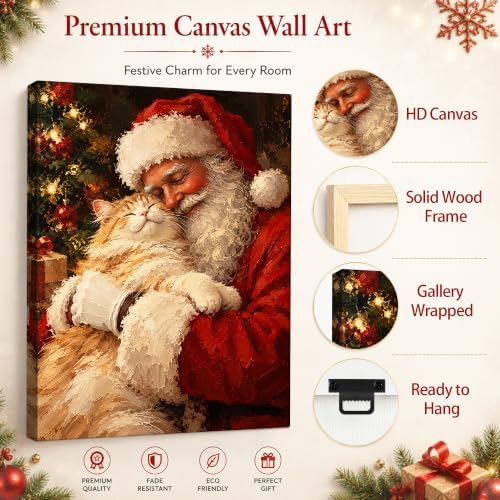Vintage Christmas Canvas Wall Art, Santa and Cat Canvas Prints, alternate view 5